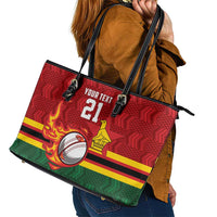 Zimbabwe Cricket Custom Leather Tote Bag The Chevrons Cricket Ball Fire - Wonder Print Shop