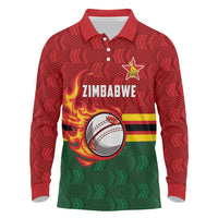 Zimbabwe Cricket Custom Long Sleeve Polo Shirt The Chevrons Cricket Ball Fire - Wonder Print Shop