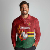 Zimbabwe Cricket Custom Long Sleeve Polo Shirt The Chevrons Cricket Ball Fire - Wonder Print Shop
