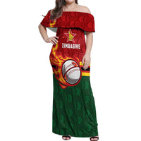 Zimbabwe Cricket Custom Off Shoulder Maxi Dress The Chevrons Cricket Ball Fire - Wonder Print Shop