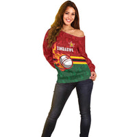 Zimbabwe Cricket Custom Off Shoulder Sweater The Chevrons Cricket Ball Fire - Wonder Print Shop