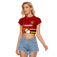 Zimbabwe Cricket Custom Raglan Cropped T Shirt The Chevrons Cricket Ball Fire - Wonder Print Shop