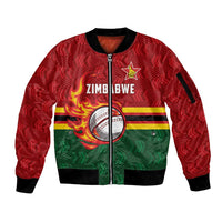 Zimbabwe Cricket Custom Sleeve Zip Bomber Jacket The Chevrons Cricket Ball Fire - Wonder Print Shop