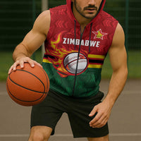 Zimbabwe Cricket Custom Sleeveless Zip Hoodie The Chevrons Cricket Ball Fire - Wonder Print Shop