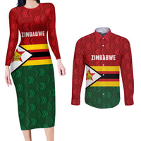 Zimbabwe Cricket Custom Couples Matching Long Sleeve Bodycon Dress and Long Sleeve Button Shirt Zimbabwean Pattern Flag Motif - Wonder Print Shop