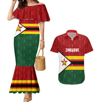 Zimbabwe Cricket Custom Couples Matching Mermaid Dress and Hawaiian Shirt Zimbabwean Pattern Flag Motif - Wonder Print Shop