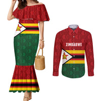 Zimbabwe Cricket Custom Couples Matching Mermaid Dress and Long Sleeve Button Shirt Zimbabwean Pattern Flag Motif - Wonder Print Shop