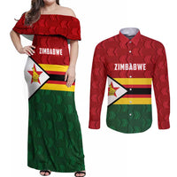Zimbabwe Cricket Custom Couples Matching Off Shoulder Maxi Dress and Long Sleeve Button Shirt Zimbabwean Pattern Flag Motif - Wonder Print Shop