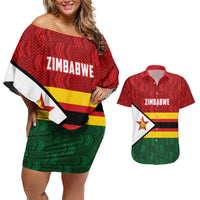 Zimbabwe Cricket Custom Couples Matching Off Shoulder Short Dress and Hawaiian Shirt Zimbabwean Pattern Flag Motif - Wonder Print Shop