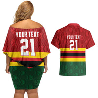 Zimbabwe Cricket Custom Couples Matching Off Shoulder Short Dress and Hawaiian Shirt Zimbabwean Pattern Flag Motif - Wonder Print Shop