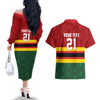 Zimbabwe Cricket Custom Couples Matching Off The Shoulder Long Sleeve Dress and Hawaiian Shirt Zimbabwean Pattern Flag Motif - Wonder Print Shop