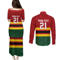 Zimbabwe Cricket Custom Couples Matching Puletasi and Long Sleeve Button Shirt Zimbabwean Pattern Flag Motif - Wonder Print Shop