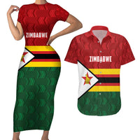 Zimbabwe Cricket Custom Couples Matching Short Sleeve Bodycon Dress and Hawaiian Shirt Zimbabwean Pattern Flag Motif - Wonder Print Shop