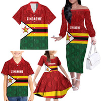 Zimbabwe Cricket Custom Family Matching Off The Shoulder Long Sleeve Dress and Hawaiian Shirt Zimbabwean Pattern Flag Motif - Wonder Print Shop