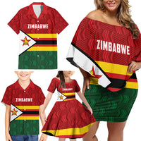 Zimbabwe Cricket Custom Family Matching Off Shoulder Short Dress and Hawaiian Shirt Zimbabwean Pattern Flag Motif - Wonder Print Shop