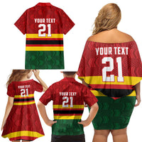 Zimbabwe Cricket Custom Family Matching Off Shoulder Short Dress and Hawaiian Shirt Zimbabwean Pattern Flag Motif - Wonder Print Shop