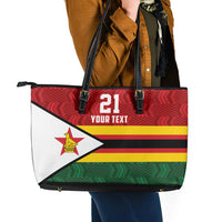 Zimbabwe Cricket Custom Leather Tote Bag Zimbabwean Pattern Flag Motif - Wonder Print Shop