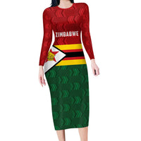 Zimbabwe Cricket Custom Long Sleeve Bodycon Dress Zimbabwean Pattern Flag Motif - Wonder Print Shop