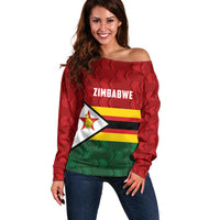 Zimbabwe Cricket Custom Off Shoulder Sweater Zimbabwean Pattern Flag Motif - Wonder Print Shop