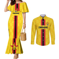 Zimbabwe Football Custom Couples Matching Mermaid Dress and Long Sleeve Button Shirt The Warriors with Zimbabwe Bird - Wonder Print Shop