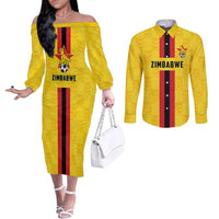 Zimbabwe Football Custom Couples Matching Off The Shoulder Long Sleeve Dress and Long Sleeve Button Shirt The Warriors with Zimbabwe Bird - Wonder Print Shop