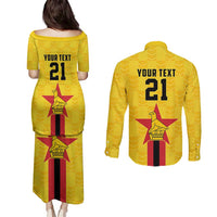 Zimbabwe Football Custom Couples Matching Puletasi and Long Sleeve Button Shirt The Warriors with Zimbabwe Bird - Wonder Print Shop