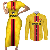Zimbabwe Football Custom Couples Matching Short Sleeve Bodycon Dress and Long Sleeve Button Shirt The Warriors with Zimbabwe Bird - Wonder Print Shop