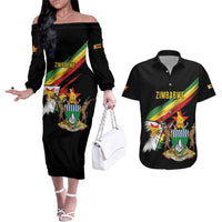 Zimbabwe Wings Flag Couples Matching Off The Shoulder Long Sleeve Dress and Hawaiian Shirt Proudly Zimbabwean - Wonder Print Shop