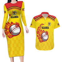 Uganda Cricket Custom Couples Matching Long Sleeve Bodycon Dress and Hawaiian Shirt Cranes Cricket Ball Fire - Wonder Print Shop