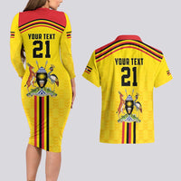Uganda Cricket Custom Couples Matching Long Sleeve Bodycon Dress and Hawaiian Shirt Cranes Cricket Ball Fire - Wonder Print Shop