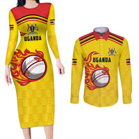 Uganda Cricket Custom Couples Matching Long Sleeve Bodycon Dress and Long Sleeve Button Shirt Cranes Cricket Ball Fire - Wonder Print Shop