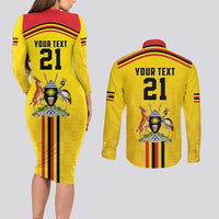 Uganda Cricket Custom Couples Matching Long Sleeve Bodycon Dress and Long Sleeve Button Shirt Cranes Cricket Ball Fire - Wonder Print Shop