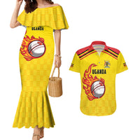 Uganda Cricket Custom Couples Matching Mermaid Dress and Hawaiian Shirt Cranes Cricket Ball Fire - Wonder Print Shop