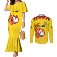 Uganda Cricket Custom Couples Matching Mermaid Dress and Long Sleeve Button Shirt Cranes Cricket Ball Fire - Wonder Print Shop