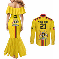 Uganda Cricket Custom Couples Matching Mermaid Dress and Long Sleeve Button Shirt Cranes Cricket Ball Fire - Wonder Print Shop