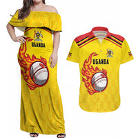 Uganda Cricket Custom Couples Matching Off Shoulder Maxi Dress and Hawaiian Shirt Cranes Cricket Ball Fire - Wonder Print Shop