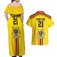 Uganda Cricket Custom Couples Matching Off Shoulder Maxi Dress and Hawaiian Shirt Cranes Cricket Ball Fire - Wonder Print Shop