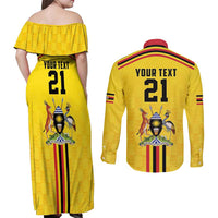 Uganda Cricket Custom Couples Matching Off Shoulder Maxi Dress and Long Sleeve Button Shirt Cranes Cricket Ball Fire - Wonder Print Shop