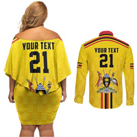 Uganda Cricket Custom Couples Matching Off Shoulder Short Dress and Long Sleeve Button Shirt Cranes Cricket Ball Fire - Wonder Print Shop