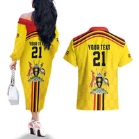 Uganda Cricket Custom Couples Matching Off The Shoulder Long Sleeve Dress and Hawaiian Shirt Cranes Cricket Ball Fire - Wonder Print Shop