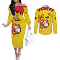 Uganda Cricket Custom Couples Matching Off The Shoulder Long Sleeve Dress and Long Sleeve Button Shirt Cranes Cricket Ball Fire - Wonder Print Shop