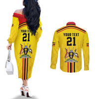 Uganda Cricket Custom Couples Matching Off The Shoulder Long Sleeve Dress and Long Sleeve Button Shirt Cranes Cricket Ball Fire - Wonder Print Shop