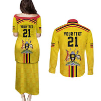 Uganda Cricket Custom Couples Matching Puletasi and Long Sleeve Button Shirt Cranes Cricket Ball Fire - Wonder Print Shop