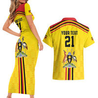 Uganda Cricket Custom Couples Matching Short Sleeve Bodycon Dress and Hawaiian Shirt Cranes Cricket Ball Fire - Wonder Print Shop
