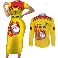 Uganda Cricket Custom Couples Matching Short Sleeve Bodycon Dress and Long Sleeve Button Shirt Cranes Cricket Ball Fire - Wonder Print Shop