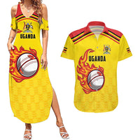Uganda Cricket Custom Couples Matching Summer Maxi Dress and Hawaiian Shirt Cranes Cricket Ball Fire - Wonder Print Shop