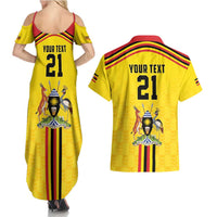 Uganda Cricket Custom Couples Matching Summer Maxi Dress and Hawaiian Shirt Cranes Cricket Ball Fire - Wonder Print Shop
