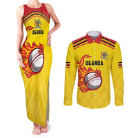 Uganda Cricket Custom Couples Matching Tank Maxi Dress and Long Sleeve Button Shirt Cranes Cricket Ball Fire - Wonder Print Shop