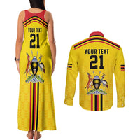 Uganda Cricket Custom Couples Matching Tank Maxi Dress and Long Sleeve Button Shirt Cranes Cricket Ball Fire - Wonder Print Shop