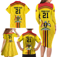 Uganda Cricket Custom Family Matching Long Sleeve Bodycon Dress and Hawaiian Shirt Cranes Cricket Ball Fire - Wonder Print Shop